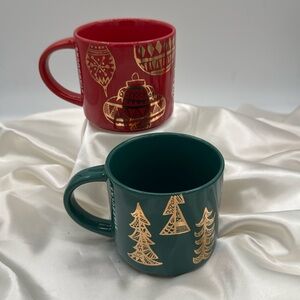Starbucks Red and Green Christmas Coffee Mugs, Gold design, 14 Oz Holidays 2015